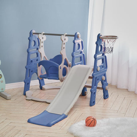 Kids Swing Slide and Basketball Hoop 3 in 1 Play Game Center Blue