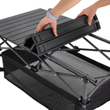 Black Aluminum Roll Top Foldable Camp Table with Mesh Shelf