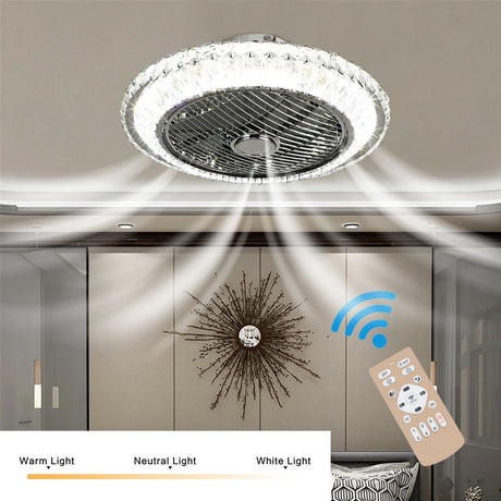 Round Crystal Flush Mount Dimmable LED Ceiling Fan Light