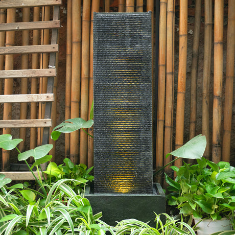 Rectangle Waterfall Stone Look Water Fountain with LED Light Black