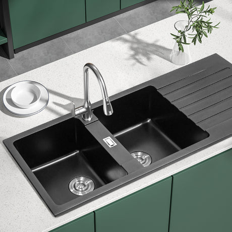 Black Quartz Undermount Double Bowl Kitchen Sink with Drainboard
