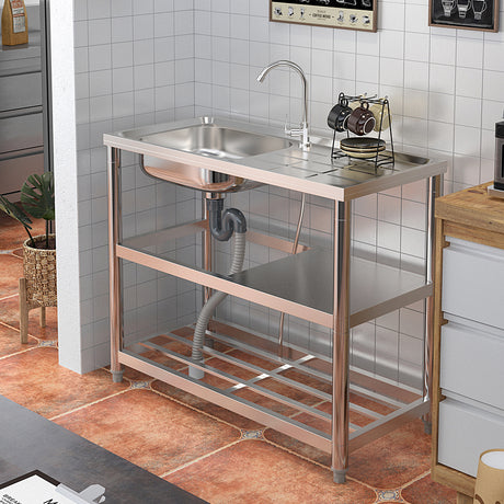 Freestanding Stainless Steel One Compartment Sink with Shelves and Drainboard
