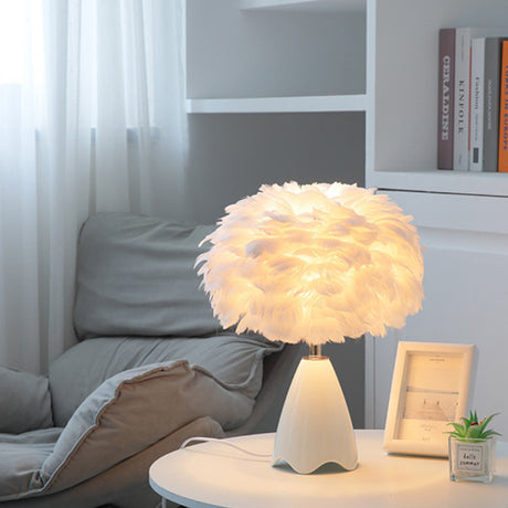 LED Feather Table Lamp with Ceramic Base Bedside Light Lounge Lighting