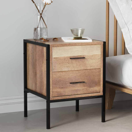 Metal Frame Wood Industrial Bedside Table with 2 Drawers
