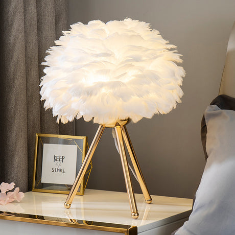 LED Feather Table Lamp with Gold Tripod Legs Bedside Light Lounge Lighting