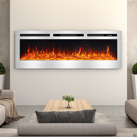 LED Electric Wall Mounted Fireplace Recessed Fire Heater 12 Flames With Remote Silver 60inch