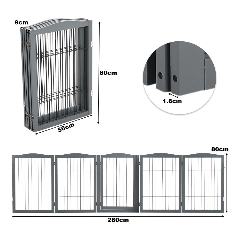 Grey 280cm 5 Panel Wooden Folding Pet Playpen