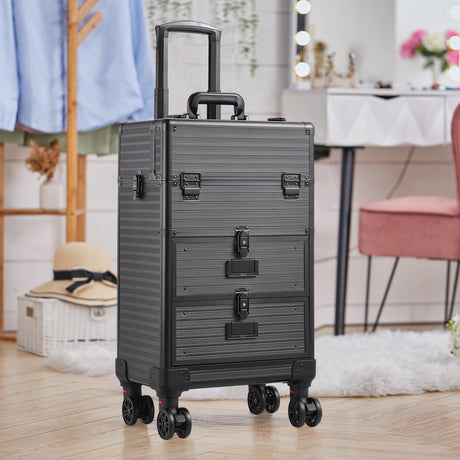 Aluminum 3 in 1 Cosmetic Trolley Case Beauty case on Wheels,Black