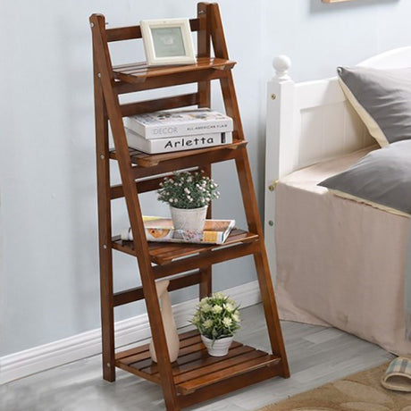 Dark Brown 4 Tier Rustic Wooden Foldable Ladder Shelf for Plants