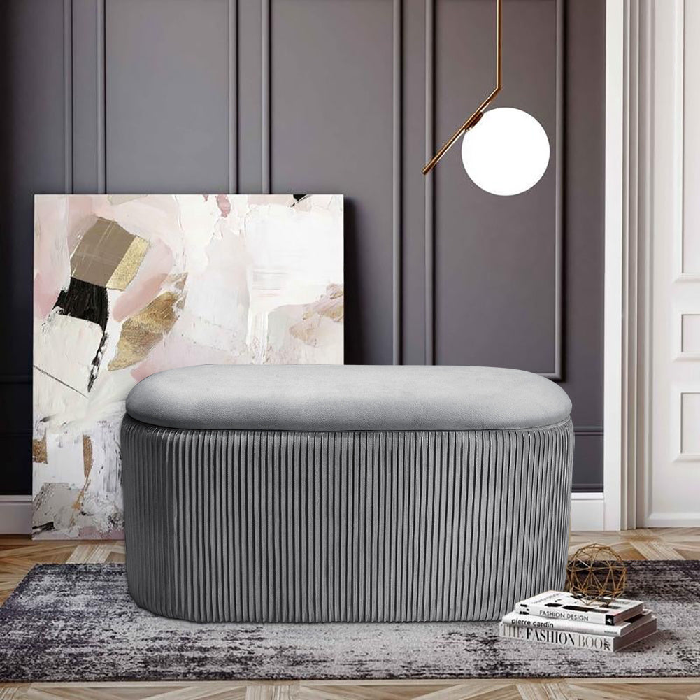 Elliptical Velvet Ottoman Storage Bench, Grey