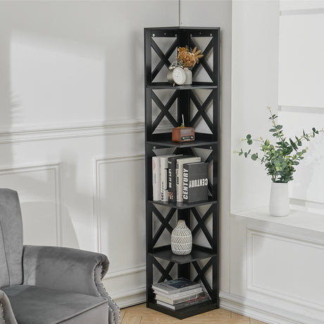 5 Tier Modern Wood Corner Standing Shelf for Living Room, Black
