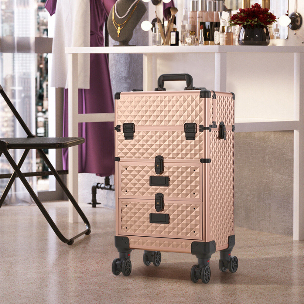 Aluminum 3 in 1 Cosmetic Trolley Case Beauty case on Wheels,Rose Gold