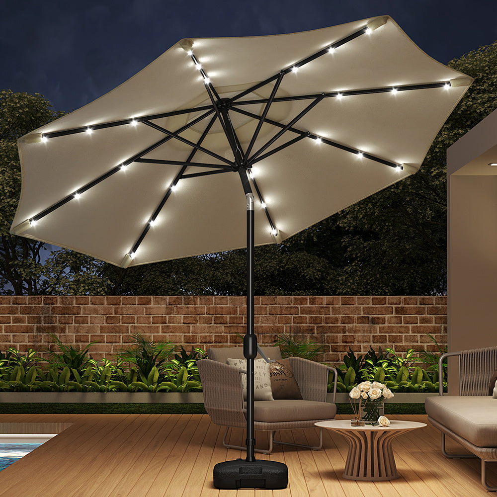 3M Large Garden LED Parasol Outdoor Beach Umbrella with Light Sun Shade Crank Tilt with Square Base, Beige