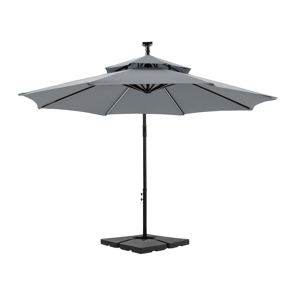 3x3M Light Grey Double Top Cantilever Banana Parasol with Lights and Cross Base