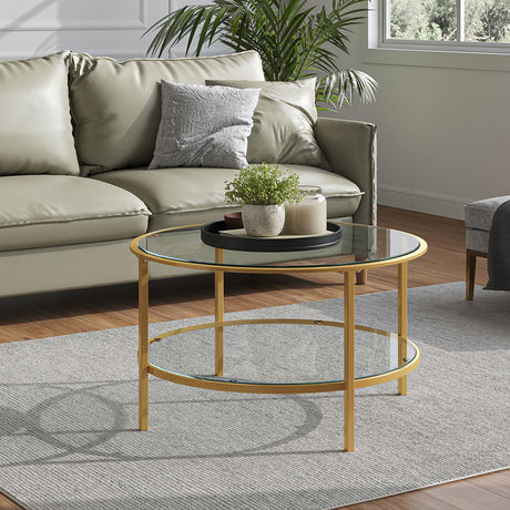 80cm W x 45cm H 2 Tier Round Glass Coffee Table Side Table Iron Frame