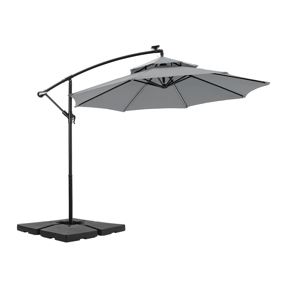 3x3M Light Grey Double Top Cantilever Banana Parasol with Lights and Cross Base