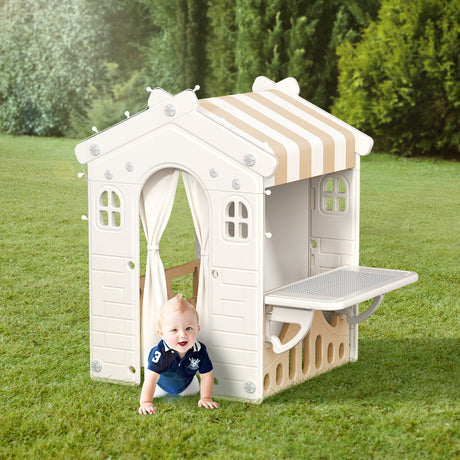 Grey Plastic Kids Playhouse Portable Game Cottage with Curtain