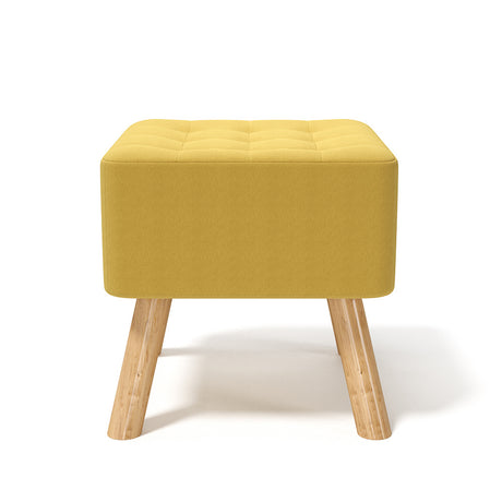 Yellow Square Linen Upholstered Footstool with Wooden Legs