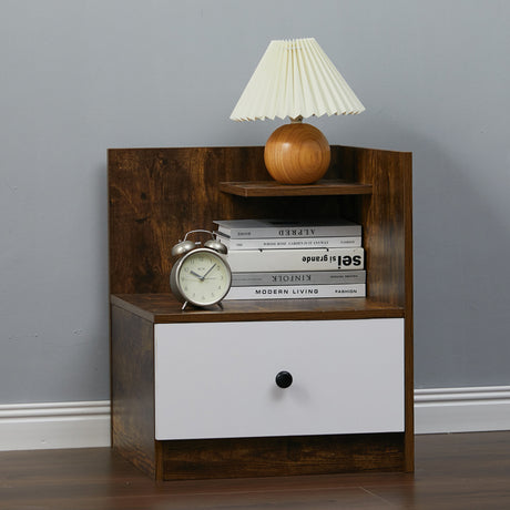 Urban Style Wooden Bedside Table with Drawers and Open Shelves White and Rustic Brown