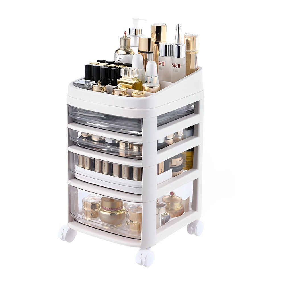 Removable Cosmetic Storage Organizer with Wheels and Drawers,White