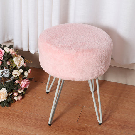 35CM Round Fluffy Velvet Dressing Table Stool Wire Legs Pink