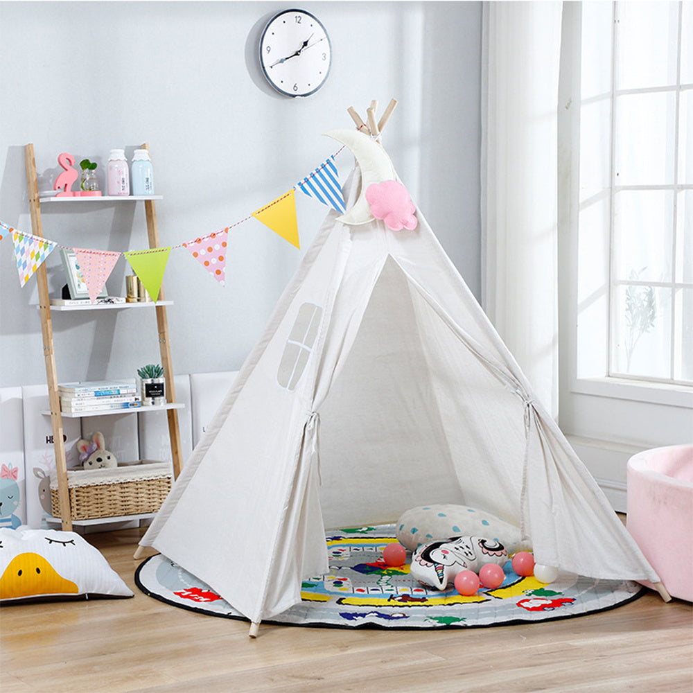 Indoor Indian Teepee Tent Play House Wood Support for Kids, White