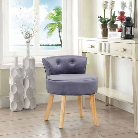 Vintage Velvet Buttoned Vanity Stool with Wooden Legs