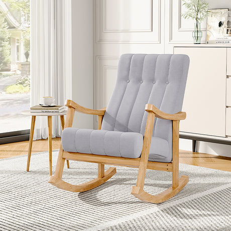 Light Grey Velvet Upholstered Tufting Rocking Chair with Rubberwood Frame