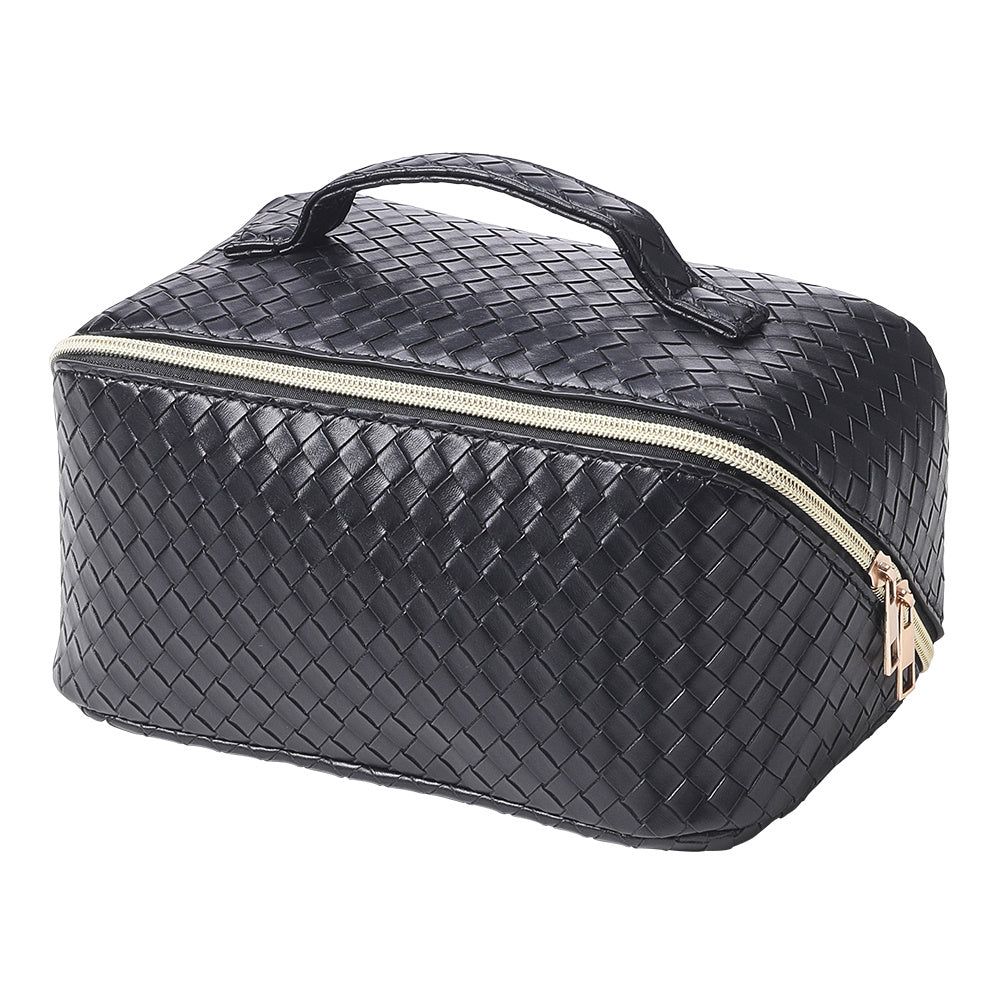 Black Leather Portable Travel Toiletries Makeup Bag