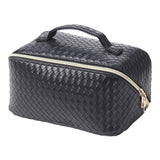 Black Leather Portable Travel Toiletries Makeup Bag