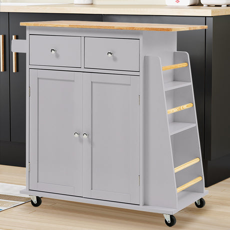 Grey Rolling Kitchen Trolley with Rubber Wood Top
