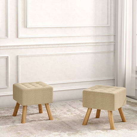 Beige Square Linen Upholstered Footstool with Wooden Legs