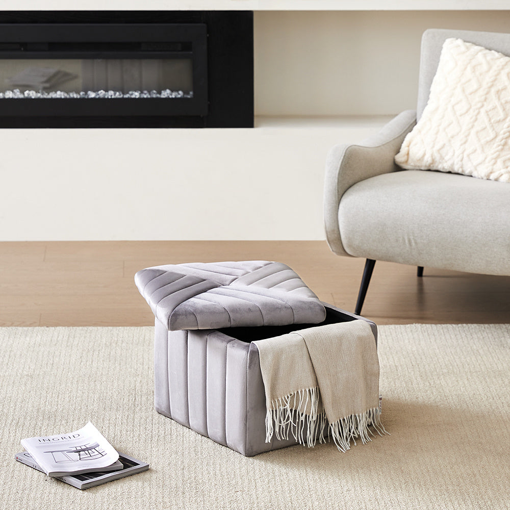 Upholstered Velvet Storage Ottoman Footstool,Grey