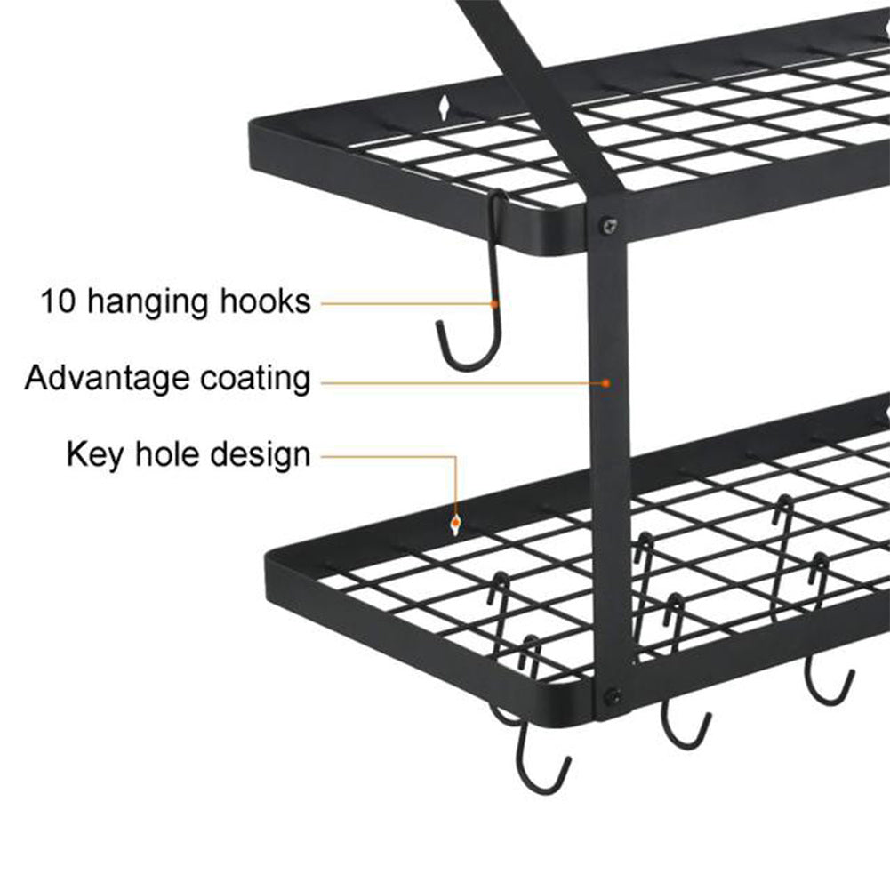 2 Tier Wall Mounted Kitchen Hanging Pot Rack with Hooks