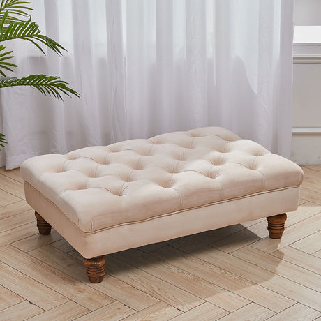 Velvet Buttoned Thick Padded Footstool with Wood Legs Beige