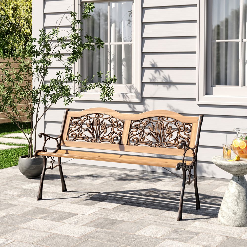 Steel Wood 2 Seater Garden Patio Bench Double Unique Metal Backrest