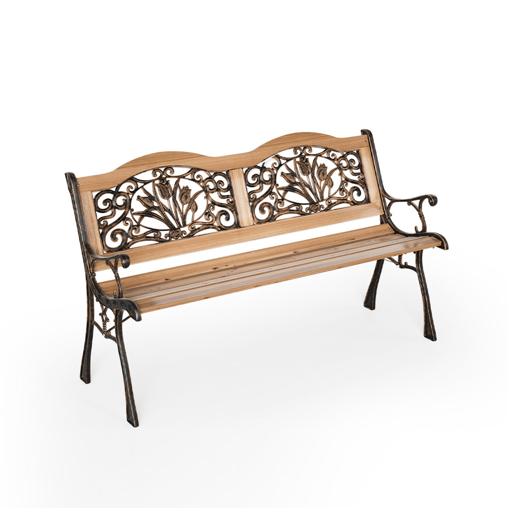 Steel Wood 2 Seater Garden Patio Bench Double Unique Metal Backrest