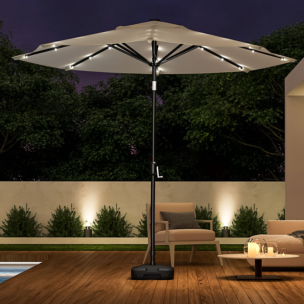 3M Large Garden LED Parasol Outdoor Beach Umbrella with Light Sun Shade Crank Tilt with Square Base, Beige