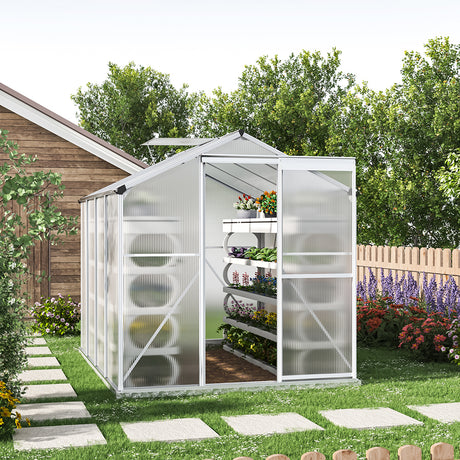 8ft x 6ft Greenhouse Polycarbonate Aluminium Greenhouse with Window and Sliding Door