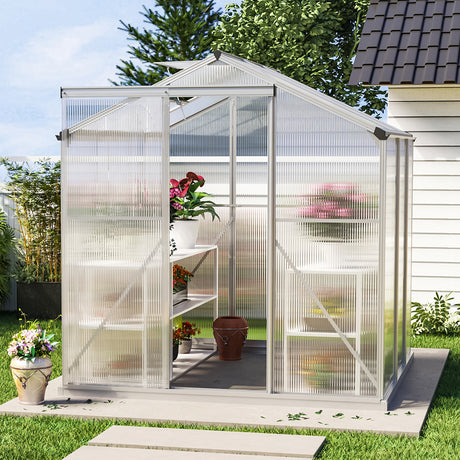 6ft x 6ft Greenhouse Polycarbonate Aluminium Greenhouse with Window and Sliding Door