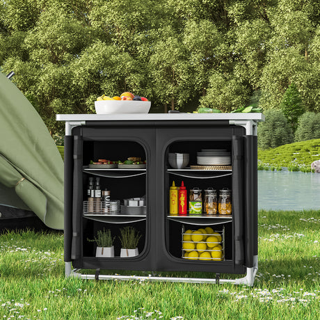 Large Camping Kitchen Cook Table Stand Folding Storage Unit Black