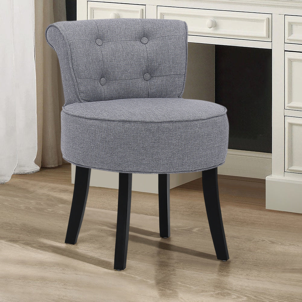 Linen Buttoned Vanity Stool Thick Padded Black Wooden Legs, Light Grey