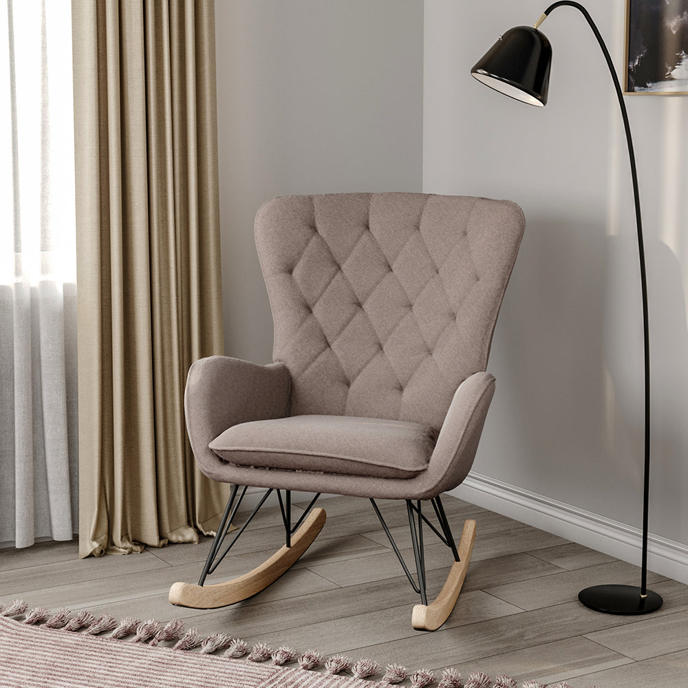 Grey Modern Upholstered Rocking Chair with Rubberwood Runner