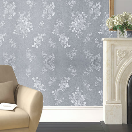 5m Silver Retro Flower Textured PVC Self Adhesive Wallpaper