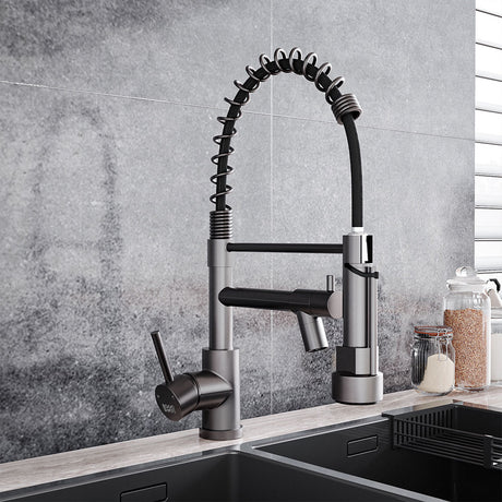 Grey Stainless Steel Kitchen Faucet with Pull Down Spring Spout Single Hole Faucet Grey