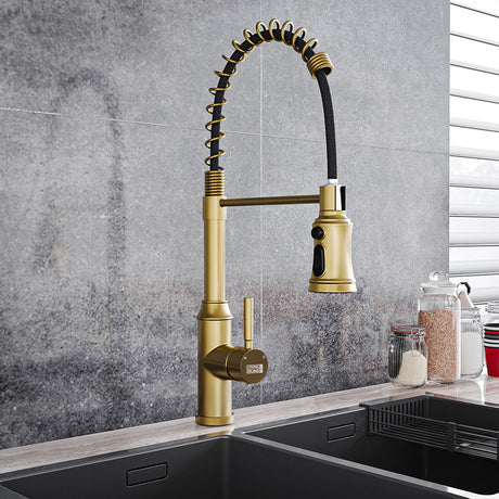 Rotable Pulldown Kitchen Mixer Tap with Spring Spout Brushed Gold