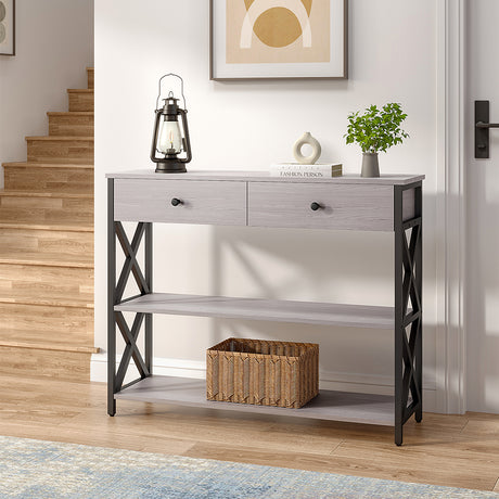 Grey Narrow Wooden Console Table with Drawers