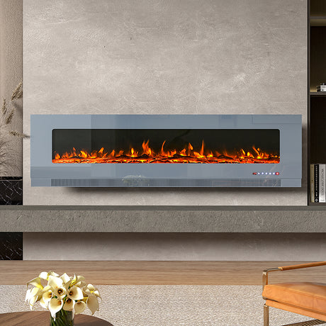 Grey 72 Inch Wall Mounted LED Electric Fireplace with 9 Flame Colours