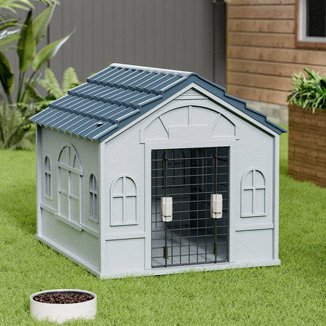Grey Large Plastic Dog House Kennel with Steel Door