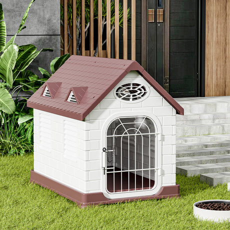 Brown Elevated Plastic Dog House with Wire Door